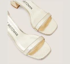 Stuart Weitzman Mid Heel Sandals|Trending: Block Heels-CHANGE LOCATION Metallic snake embossed leather/Platino Gold