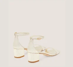 Stuart Weitzman Mid Heel Sandals|Trending: Block Heels-CHANGE LOCATION Metallic snake embossed leather/Platino Gold