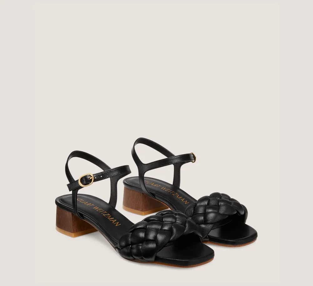 Stuart Weitzman Flat & Low Heel Sandals|Trending: Block Heels-CHANGE LOCATION Lacquered nappa leather & wood/Black & walnut