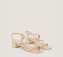 Stuart Weitzman Flat & Low Heel Sandals|Trending: Block Heels-CHANGE LOCATION Metallic woven leather/Light Gold