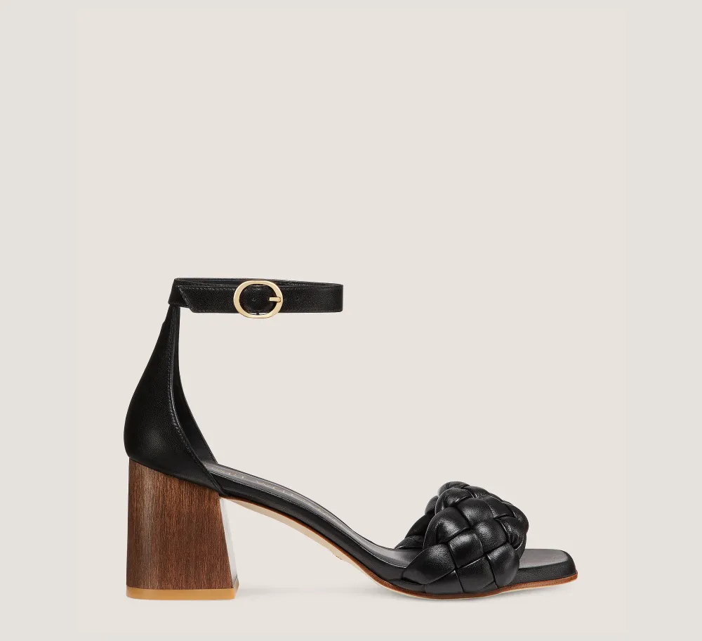 Stuart Weitzman Mid Heel Sandals|Trending: Block Heels-CHANGE LOCATION Lacquered nappa leather & wood/Black & walnut