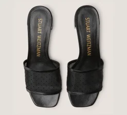 Stuart Weitzman Flat & Low Heel Sandals|Trending: Block Heels-CHANGE LOCATION Mesh & lacquered nappa leather/Black